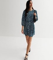 New Look Blue Leopard Print 3/4 Puff Sleeve Mini Smock Dress